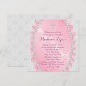 Roze Damast Roze en Witte doop Kaart (Voorkant / Achterkant)
