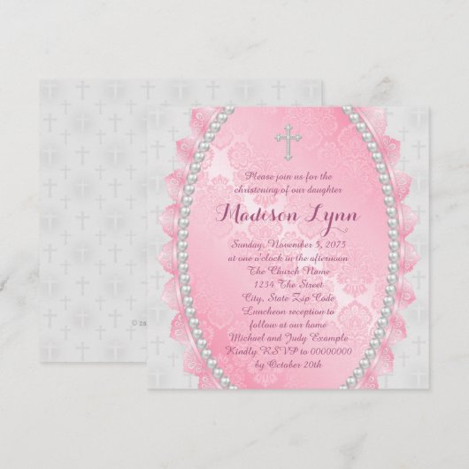 Roze Damast Roze en Witte doop Kaart (Voorkant / Achterkant)