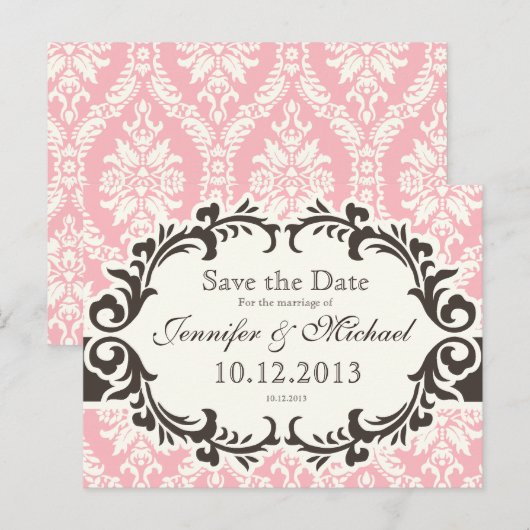 Roze Damast Save the Date ansichtkaart Aankondigingskaart (Voorkant / Achterkant)