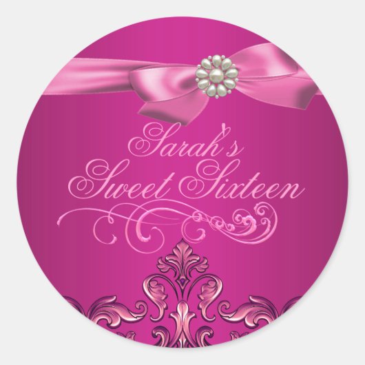 Roze Damast & Strik Zoete 16 Envelope Sticker/zege Ronde Sticker (Voorkant)