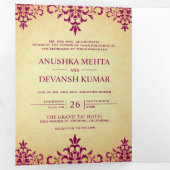  roze damast traditionele indiase bruiloft drieluik uitnodiging (Binnenzijde eerst)