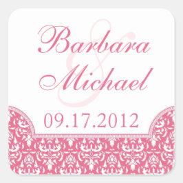 Roze Damast Vierkante Bruiloft Stickers