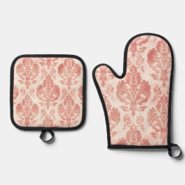 Roze Damast Waterverf Bloem Motief Vintage Patroon Ovenwant & Pannenlap Set