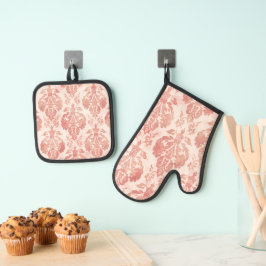 Roze Damast Waterverf Bloem Motief Vintage Patroon Ovenwant & Pannenlap Set