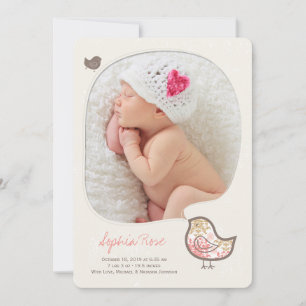Roze Damast Whimsical Kuiken Baby Meisje Foto Gebo Aankondiging