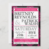 Roze damast & zwarte trouwuitnodigingen kaart (Achterkant)