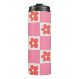 Roze dambord bloemmotief reismok | Retro bloem Thermosbeker