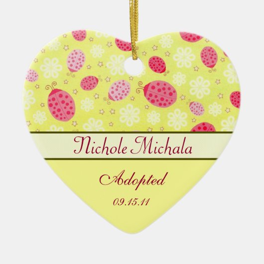 Roze Dame Bug Heart Shaped Adoption Aankondiging Keramisch Ornament (Voorkant)