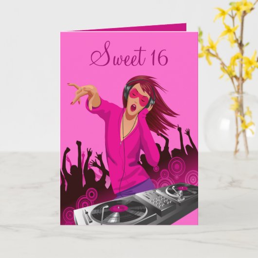Roze Dame DJ Sweet 16 Kaart (Gele Bloem)