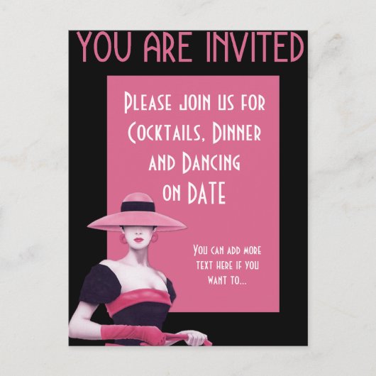 Roze dame in een roze Pet/Handhaaienuitnodiging Uitnodiging Briefkaart (Voorkant)