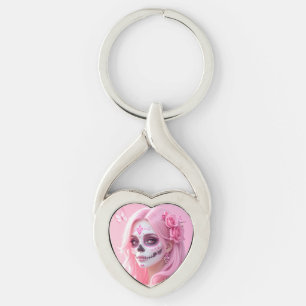 Roze Dame Schedel van Suiker Sleutelhanger