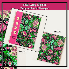 Roze Dame Slipper Bloemen op Zwart Gepersonaliseer Planner