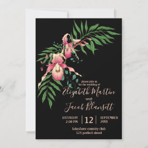 Roze dame Slipper Orchid Black Wedding Kaart