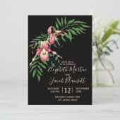 Roze dame Slipper Orchid Black Wedding Kaart (Staand voorkant)