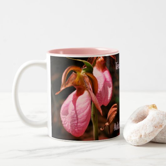 Roze dame Slipper Orchid Pair, speciaal gepersonal Tweekleurige Koffiemok (Met donut)