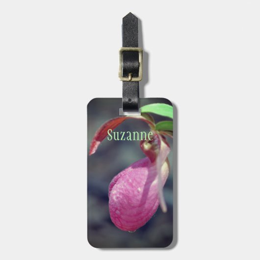 Roze dame Slipper Orchid Raindrop - Gepersonalisee Bagagelabel (Voorkant verticaal)