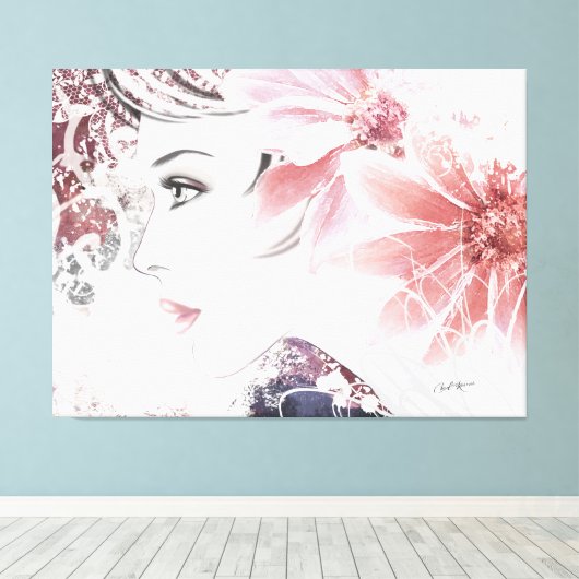 Roze dame, Vrouw profiel gezicht met bloemen Canvas Afdruk (Insitu (Houten vloer))