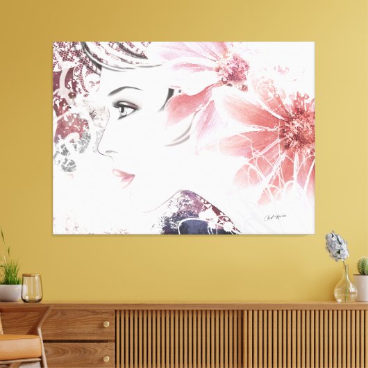 Roze dame, Vrouw profiel gezicht met bloemen Canvas Afdruk (Insitu (Woonkamer))