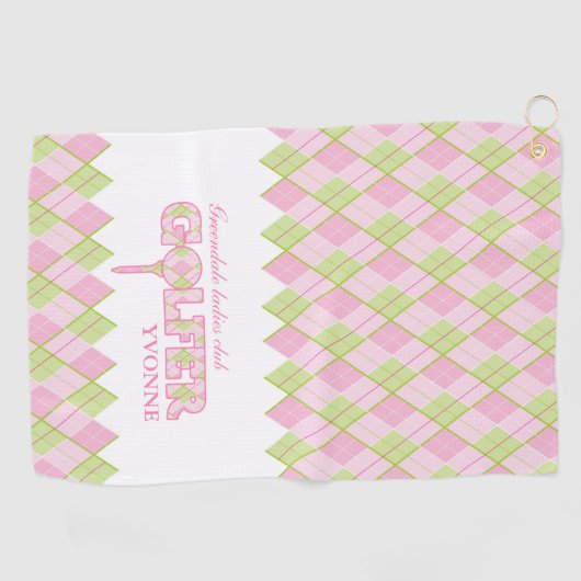 Roze dames golfer argyle gepersonaliseerde handdoe golfhanddoek (Horizontaal)