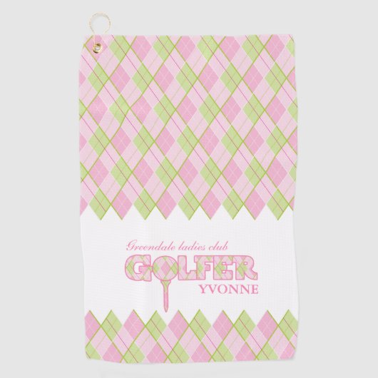 Roze dames golfer argyle gepersonaliseerde handdoe golfhanddoek (Voorkant)