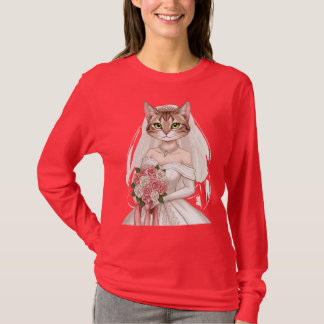Roze Dames T-Shirt met Cute Bride Cat Design -