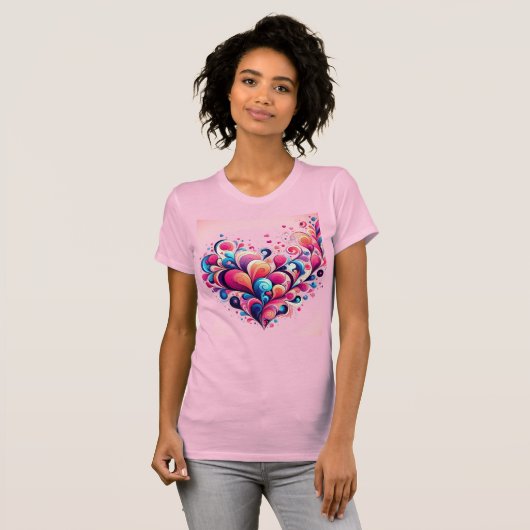 Roze dames T-shirt met hartjes. (Voorkant volledig)