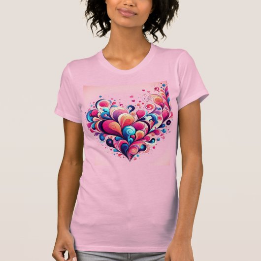 Roze dames T-shirt met hartjes. (Voorkant)