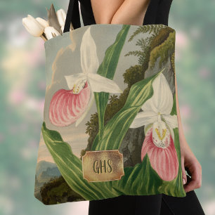 Roze Damespantoffel Antieke Bloem Orchidee Monogra Tote Bag