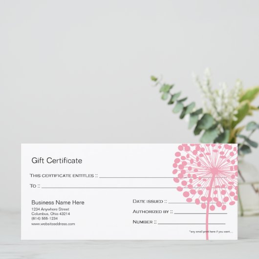 Roze Dandelion Flower Gift Certificate Design 4 (Staand voorkant)