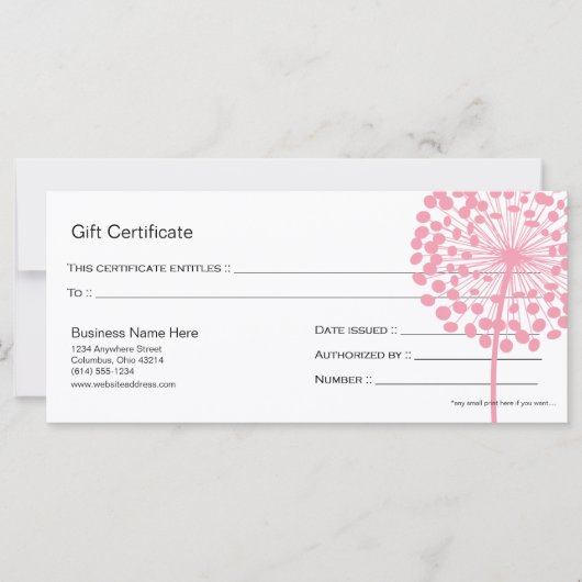 Roze Dandelion Flower Gift Certificate Design 4 (Voorkant)