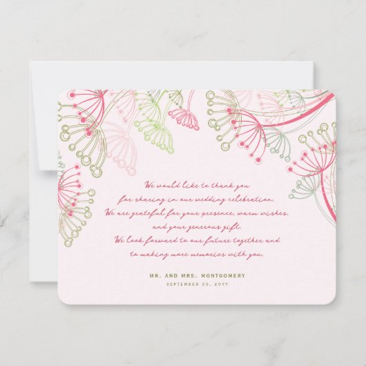 Roze dandelions Vlentweduwschap Dank je Bedankkaart (Voorkant)