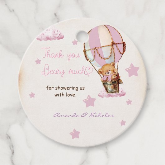 Roze Dank je Bary Veel Teddy Bear Bedankjes Labels (Voorkant)