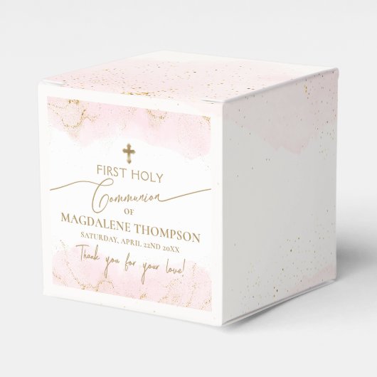 Roze Dank je Meisje Gouden Kruis Eerste Communie Bedankdoosjes (Voorkant Zijde)