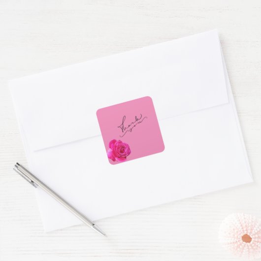 Roze dank je vierkante sticker (Envelop)