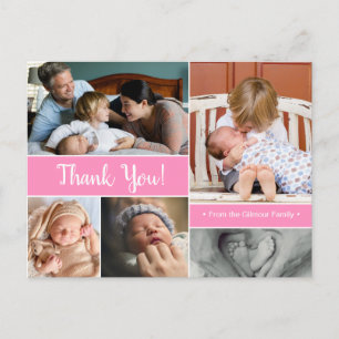 Roze Dank U 2e Baby Aankondiging Baby meisje Briefkaart
