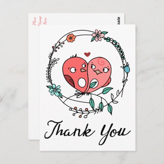 Roze Dank u Lovebirds Bloemenkrans Weddi Briefkaart (Voorkant / Achterkant)