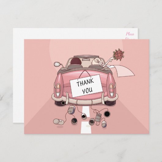 Roze dank voor je bruiloft-autobus-Cartoon Briefkaart (Voorkant / Achterkant)