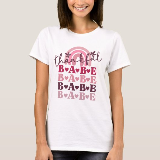 Roze Dankbaar Babe Thanksgiving Herfst Boho Rainbo T-shirt (Voorkant)
