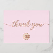 Roze Dankjewel Script Custom Logo Roze Goud Folie Feestdagenkaart (Voorkant)