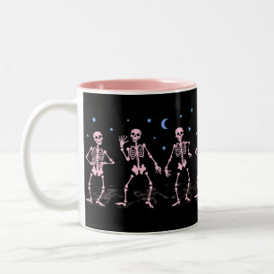 Roze Dansend Skelet Halloween T-shirt Tweekleurige Koffiemok