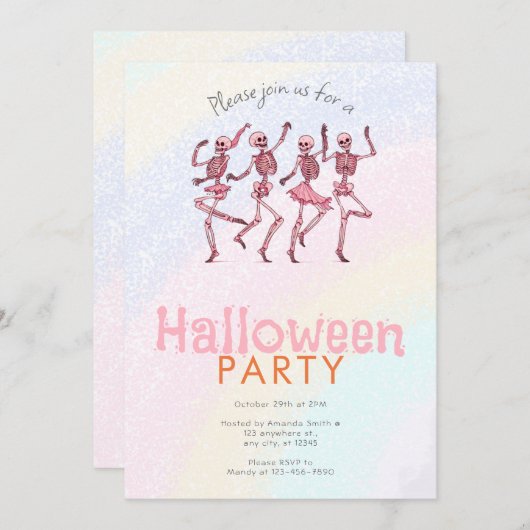 Roze Dansende Skeletten Rainbow Halloween Party Kaart (Voorkant / Achterkant)