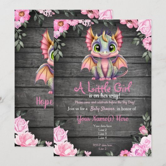 Roze Dargon Baby shower-uitnodiging, roesterig Kaart (Voorkant / Achterkant)