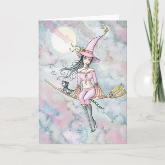 Roze Dawn Halloween Witch en de Kaart van de Kat (Voorkant)