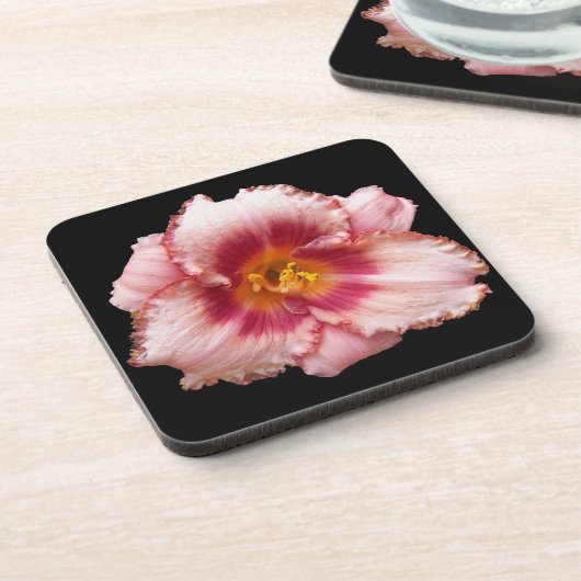 Roze Daylily Bloom op Black Floral Bier Onderzetter (Linkerzijde)