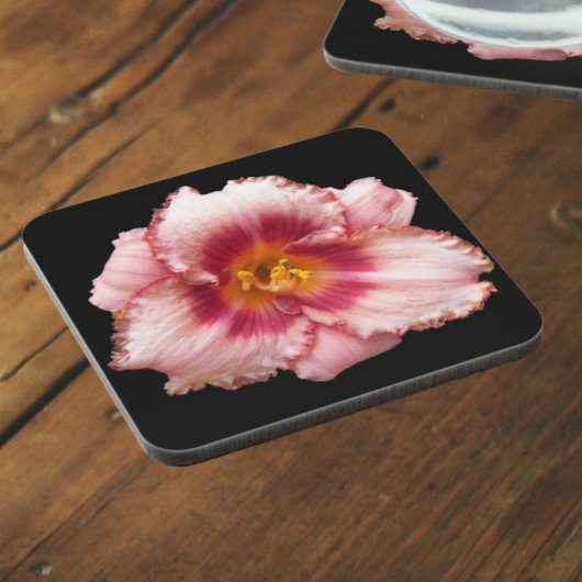 Roze Daylily Bloom op Black Floral Bier Onderzetter