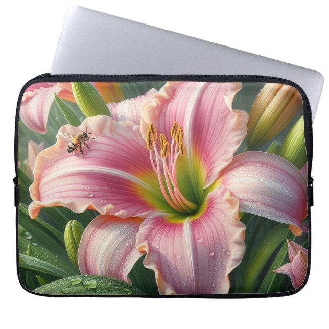 Roze Daylily Floral Laptop Sleeve (Voorkant)