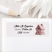 Roze decor dorp gingerbreadhuis  etiket (Insitu)