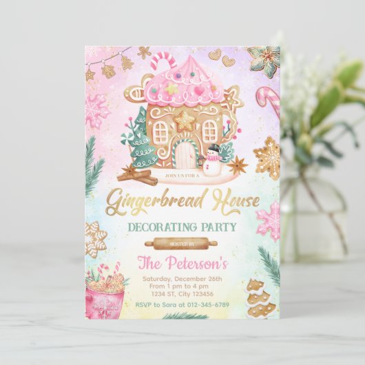 Roze decoratie voor peperkoekhuisje feest uitnodig kaart (Staand voorkant)