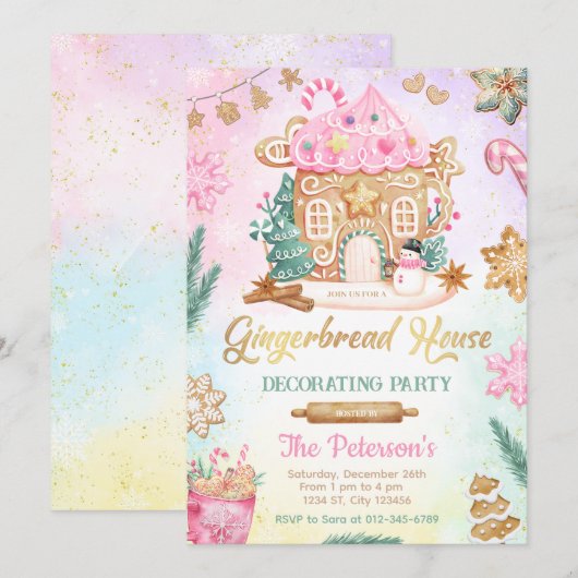 Roze decoratie voor peperkoekhuisje feest uitnodig kaart (Voorkant / Achterkant)