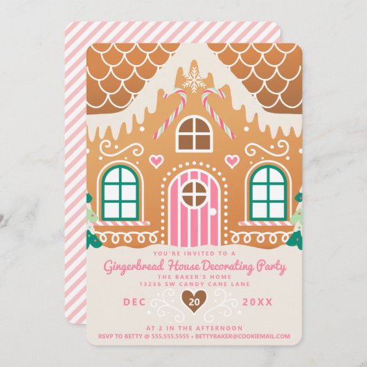 Roze decoratiefeest voor een huis van gemberkoek kaart (Voorkant / Achterkant)